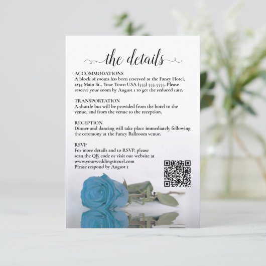 Bruiloft Details Turquoise Blauw Roos QR Code ENCL Informatiekaartje (Staand voorkant)