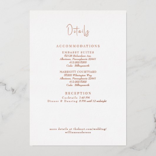 Bruiloft Details Witte achtergrond Roos Goud Folie Uitnodiging (Voorkant)