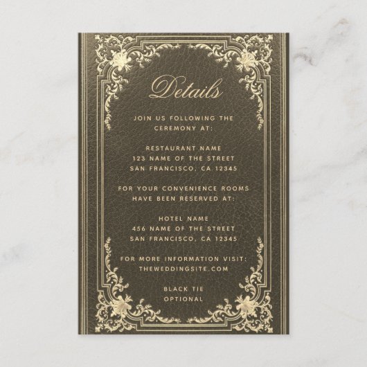Bruiloft Details Zwart Goud  Elegant Script Informatiekaartje (Voorkant)