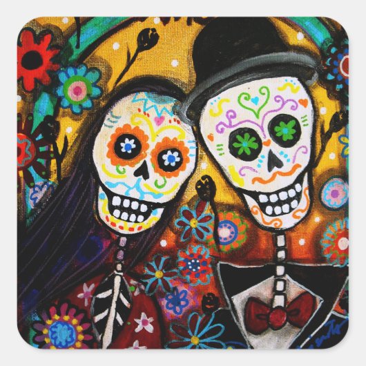 BRUILOFT DIA DE LOS MUERTOS VIERKANTE STICKER (Voorkant)