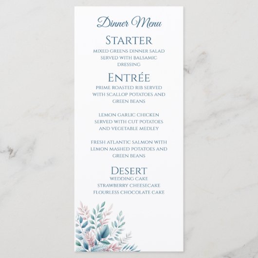 Bruiloft Diner en Bar Menu-Pastel Botanical- Menu (Voorkant)