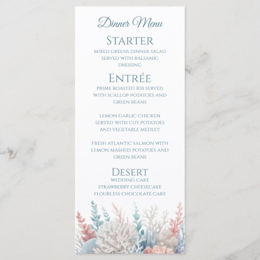 Bruiloft Diner en Bar Menu-Pastel Koraalrif Menu (Voorkant)