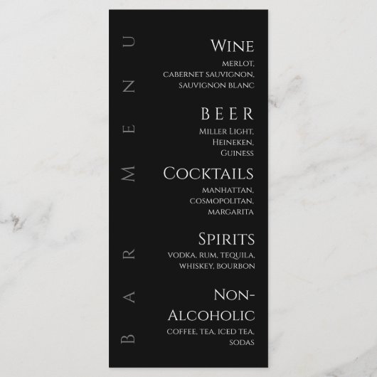 Bruiloft Diner en Bar Menu-Zwart-Wit- Menu (Achterkant)