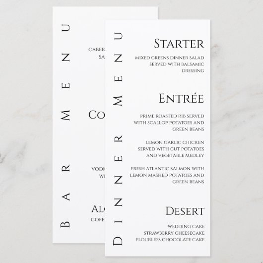 Bruiloft Diner en Bar Menu-Zwart-Wit- Menu (Voorkant / Achterkant)