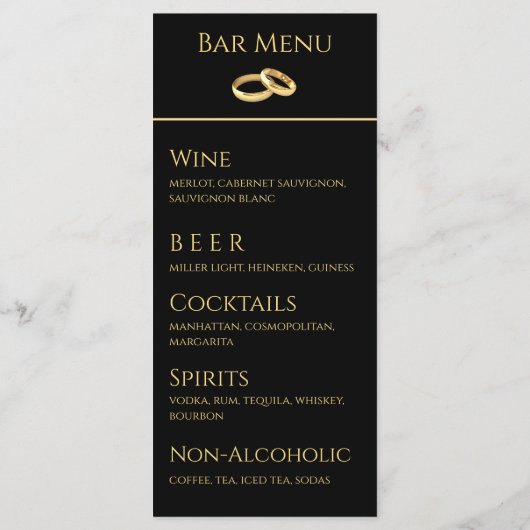 Bruiloft Diner en Drink Menu-Zwart en Goud- Menu (Achterkant)