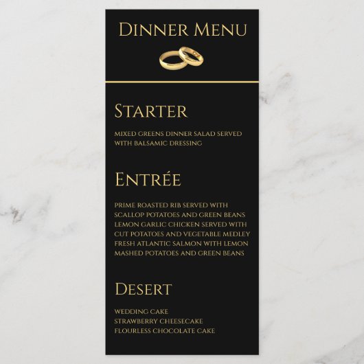 Bruiloft Diner en Drink Menu-Zwart en Goud- Menu (Voorkant)