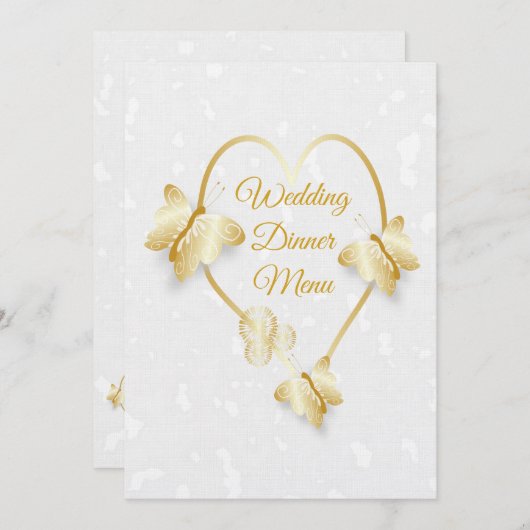 Bruiloft Diner Menu Goudkleurige Hart Vlinder Kaart (Voorkant / Achterkant)