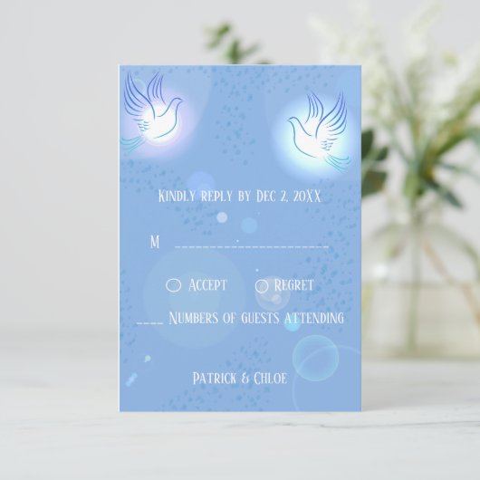 Bruiloft Dobe blauwe verlichting RSVP Kaartje (Staand voorkant)