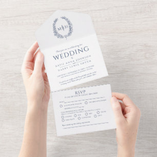 Bruiloft donkerblauw wit ovaal blad monogram all in one uitnodiging