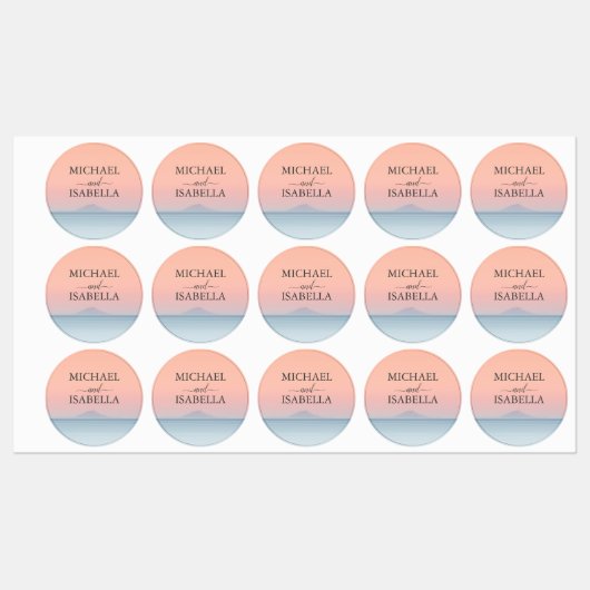 Bruiloft door het zee onder peachy sky zonsonderga labels (Vel)