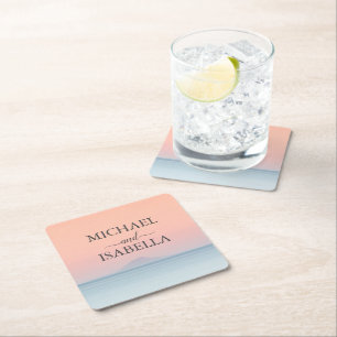 Bruiloft door het zee onder peachy sky zonsonderga vierkante kartonnen onderzetter