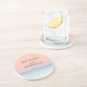 Bruiloft door het zee onder peachy sky zonsonderga zandsteen onderzetter