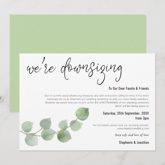 Bruiloft Downsizing Script Elegante Eucalyptus Aankondiging (Voorkant / Achterkant)