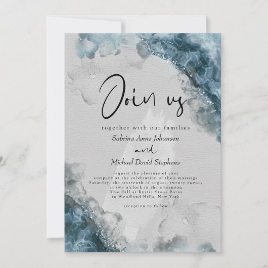 BRUILOFT | Dusty Blue Stone Grey Alcohol Ink Kaart (Voorkant)