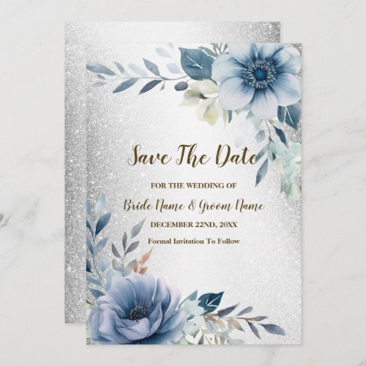 Bruiloft Dusty Blue Waterverf Flowers Silver Save The Date (Voorkant / Achterkant)