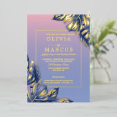 Bruiloft | Dusty Roos Dusty Blue Tropical Foliage Folie Uitnodiging (Staand Voorkant)