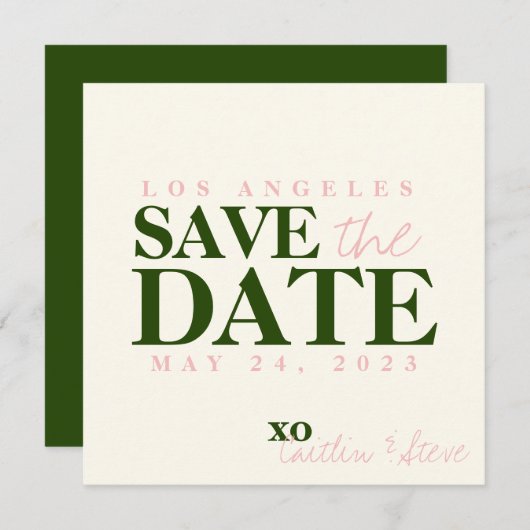 Bruiloft eenvoudig en modern groen en roze save the date (Voorkant / Achterkant)