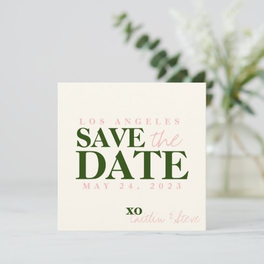 Bruiloft eenvoudig en modern groen en roze save the date (Staand voorkant)