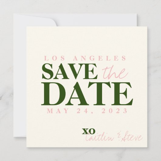Bruiloft eenvoudig en modern groen en roze save the date (Voorkant)