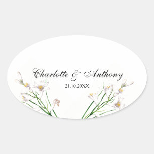 Bruiloft Elegant Creatief Bloemen Wit Chic Ovale Sticker