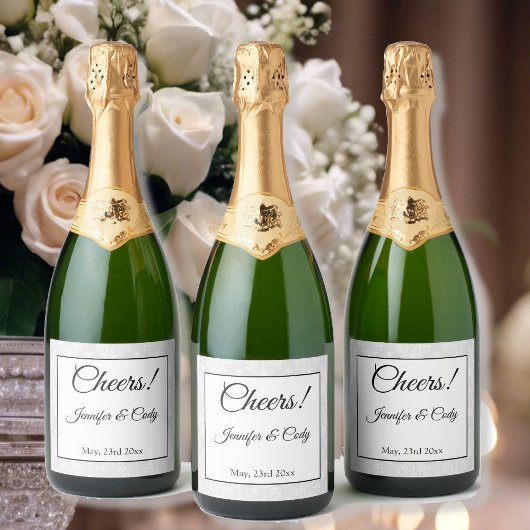 Bruiloft Elegant Damask Voeg namen & datum toe Sparkling Wijnetiket