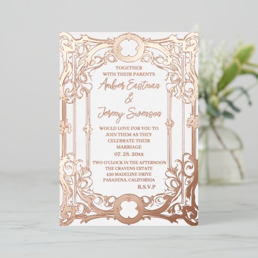 Bruiloft elegant en romantisch roos goud folie uitnodiging (Staand Voorkant)