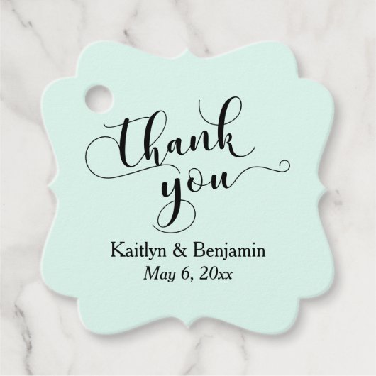 Bruiloft Elegant Zwart Script, Mint Groen Dank u Bedankjes Labels (Voorkant)