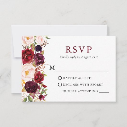 Bruiloft Elegante Waterverf Bloemen Bourgondië RSVP Kaartje (Voorkant)