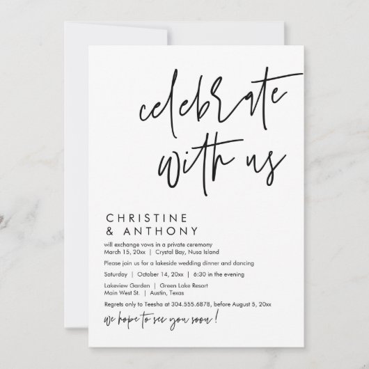 Bruiloft Elopement Diner, Modern Casual Script Kaart (Voorkant)