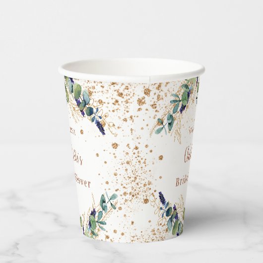Bruiloft eucalyptus groen glinsterend monogram papieren bekers (Rechts)
