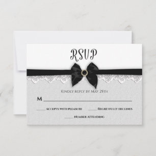 BRUILOFT, Faux Black Bow / Lint / Jewel Pin, Elega RSVP Kaartje