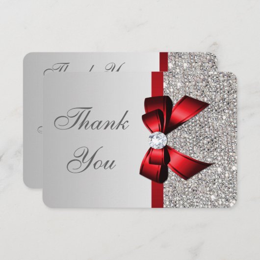 Bruiloft Faux Zilver Sequins Rode Boog Dank u Bedankkaart (Voorkant / Achterkant)