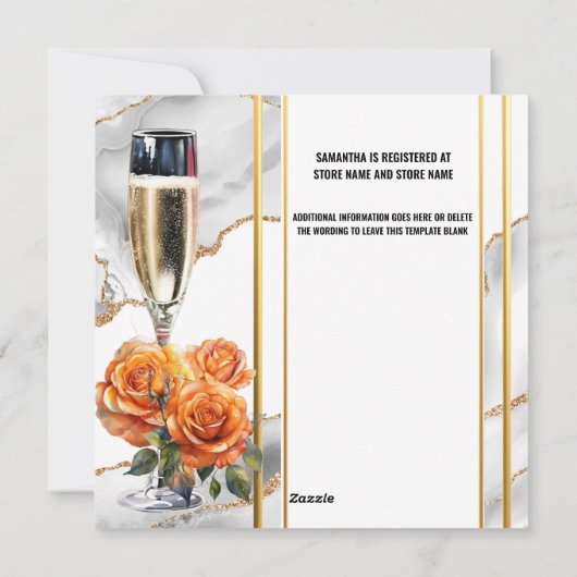 Bruiloft feest bruisende wijn oranje roos elegant feestdagenkaart (Achterkant)