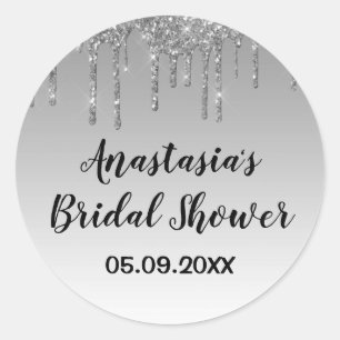 Bruiloft Feest Grijs & Zilver Glitter Druppels Gla Ronde Sticker