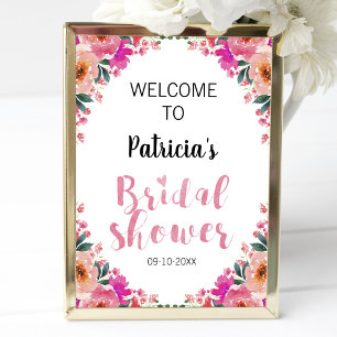 Bruiloft Feest Welkomstbord Roze Bloemen Waterverf Poster