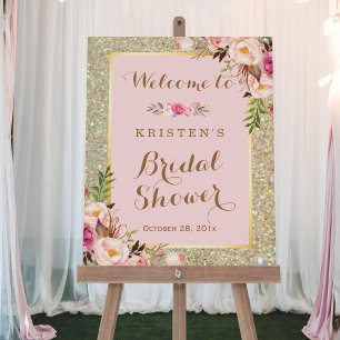Bruiloft Feestbord Bord Goud Glitter Roze Bloemen Poster