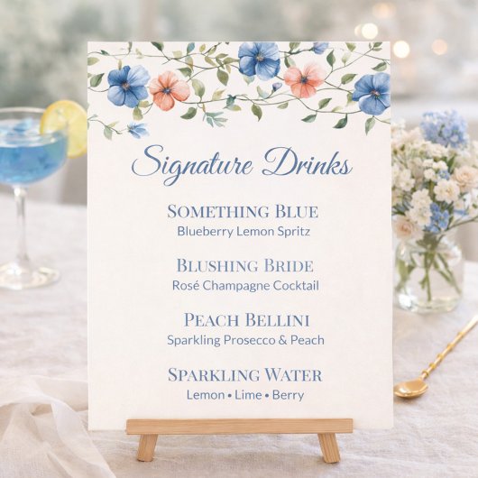 Bruiloft Feestje Stof Blauw Bloem Drink Menu