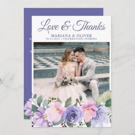 Bruiloft foto Dank u kaart Lavendel Floral (Voorkant / Achterkant)