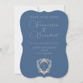 Bruiloft foto Regency Era Blauw Monogram Save The Date (Voorkant)