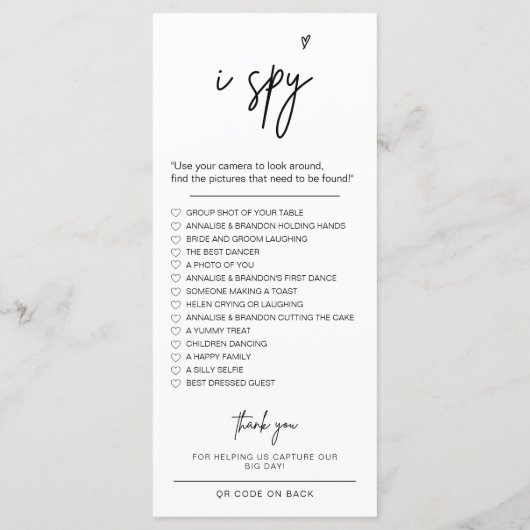 bruiloft foto uitdaging Ik spion bruiloft spel kaa Menu (Achterkant)
