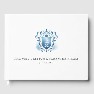 Bruiloft Gastenboek Blauw Monogrammed Crest