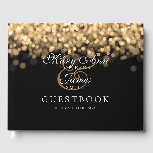 Bruiloft Gastenboek Elegante Gouden Lichten (Voorkant)