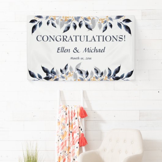 Bruiloft gefeliciteerd Banner Elegant Blauw Goud (Insitu)
