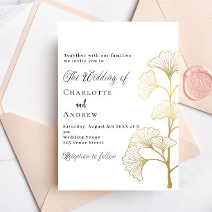 Bruiloft ginkgo laat wit goud script kaart