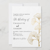 Bruiloft ginkgo laat wit goud script luxe kaart (Voorkant)