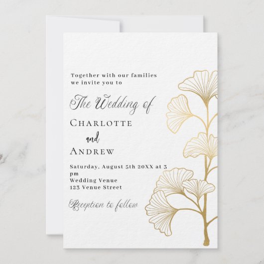 Bruiloft ginkgo laat wit goud script luxe kaart (Voorkant)