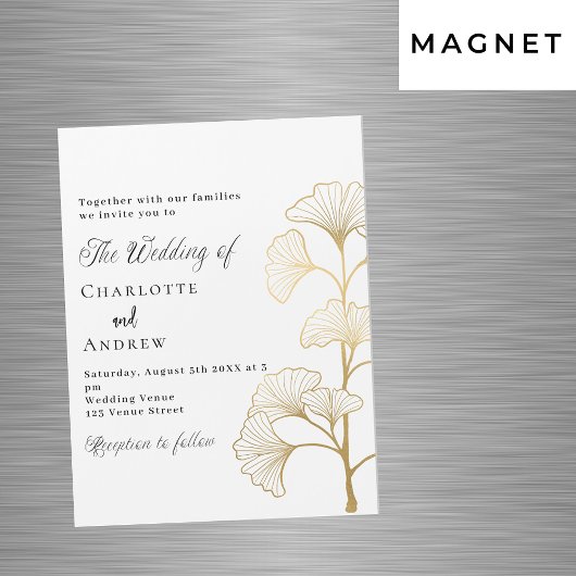 Bruiloft ginkgo laat wit goud script luxe magnetische uitnodiging
