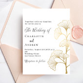 Bruiloft ginkgo laat wit goud script uitnodiging briefkaart