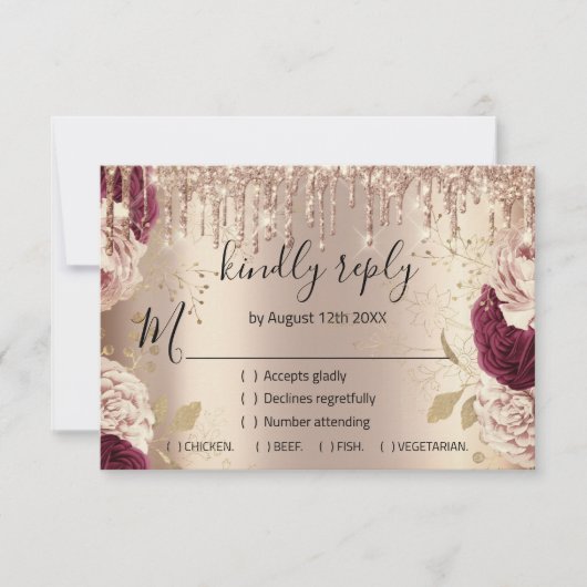 Bruiloft Glitter Bruidsroos Gouden Krans Drips RSVP Kaartje (Voorkant)
