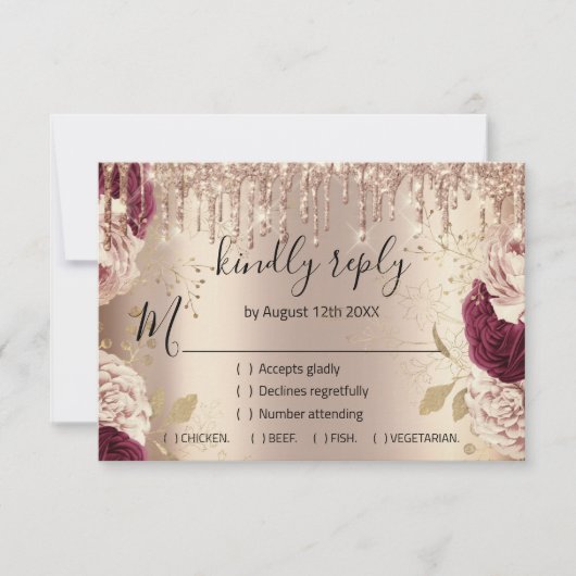 Bruiloft Glitter Bruidsroos Gouden Krans Druppels RSVP Kaartje (Voorkant)
